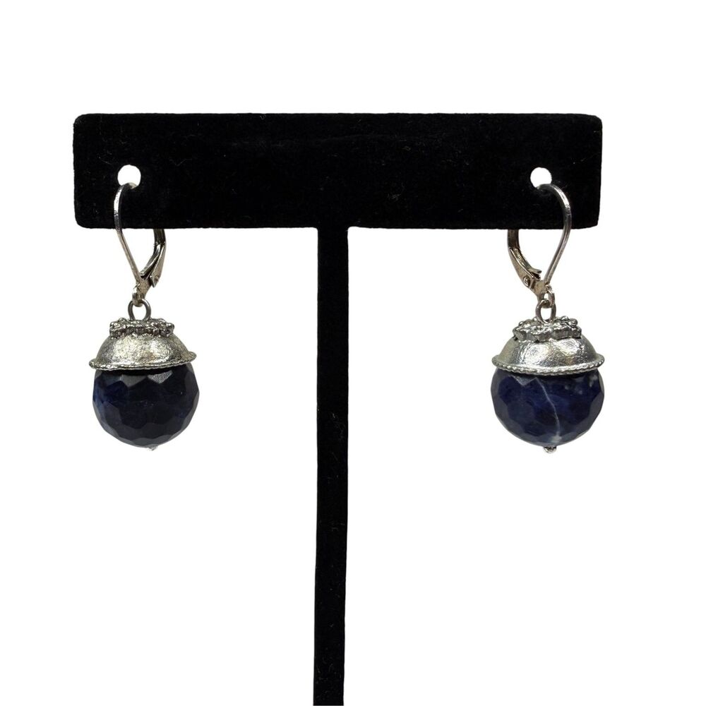 Faceted Blue Sodalite Cold Stone Dangle Drop Earrings Silver Tone Fashion 2"